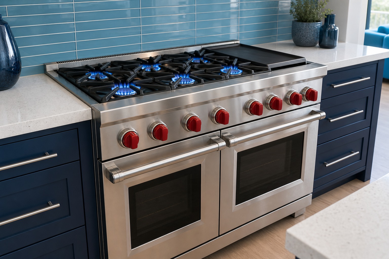 Stainless Wolf range with red knobs in a contemporary newer Milpitas kitchen