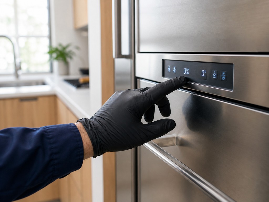 Close-up of the electronic control panel of a built-in Sub-Zero refrigerator during diagnostics in a Milpitas kitchen