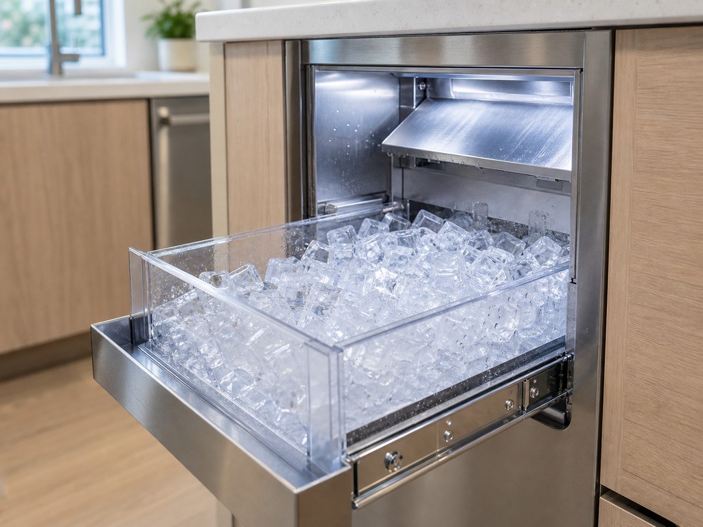 Close-up of a Sub-Zero ice maker module and fill tube being serviced in a Milpitas built-in refrigerator