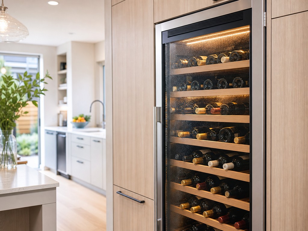 Built-in Sub-Zero wine storage column stocked with bottles under soft LED light in a newer Milpitas kitchen