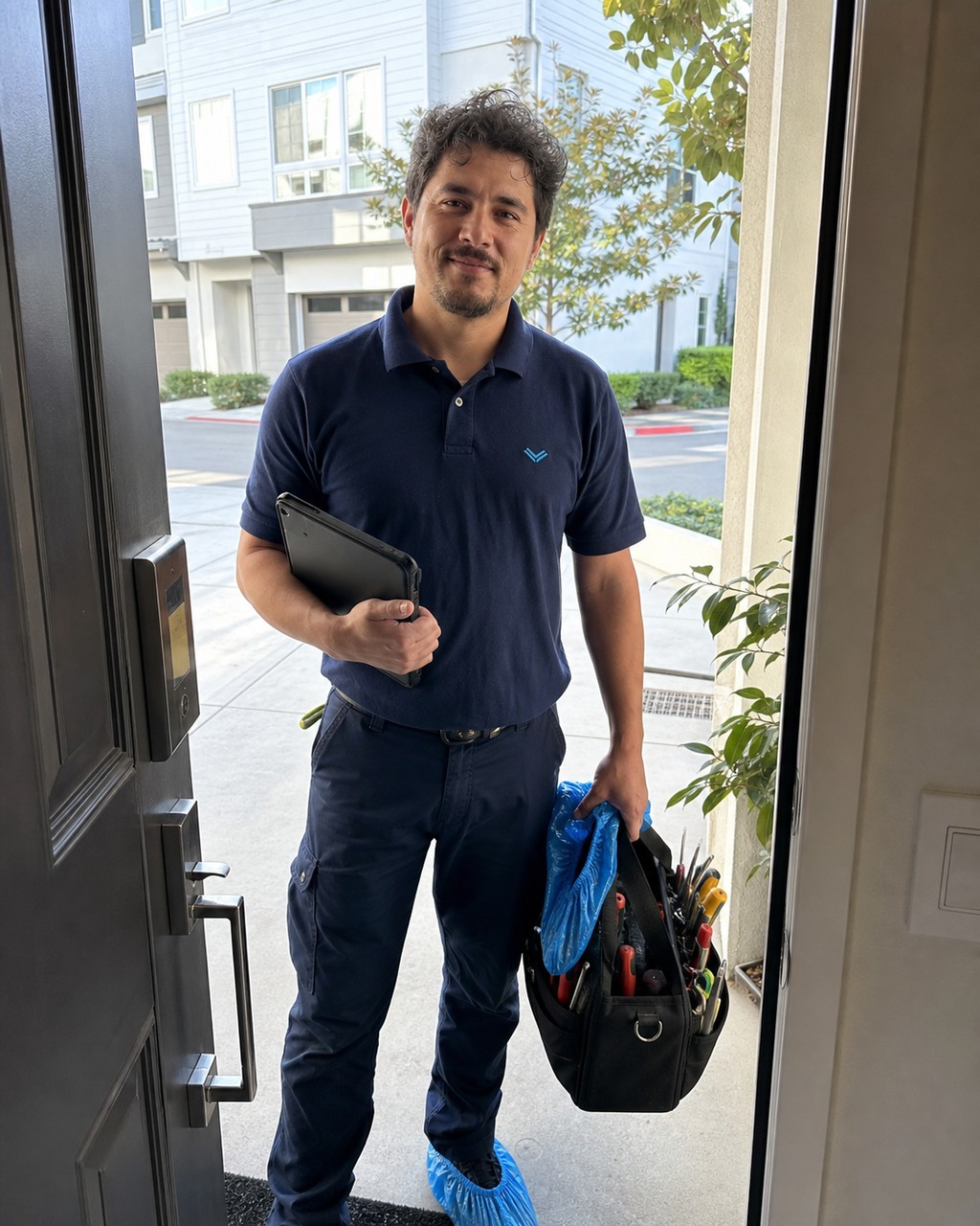 Sub-Zero Milpitas technician with a tool case greeting a homeowner at the door of a newer Milpitas townhome