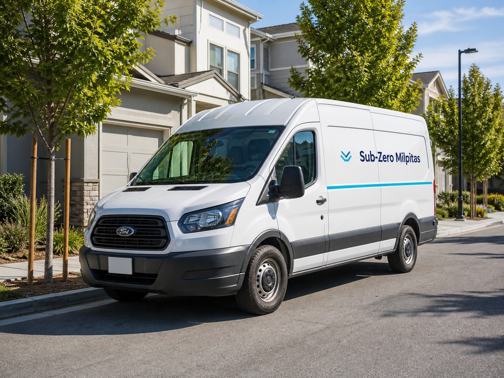 Sub-Zero Milpitas Services repair van parked on a residential street in a newer Milpitas neighborhood