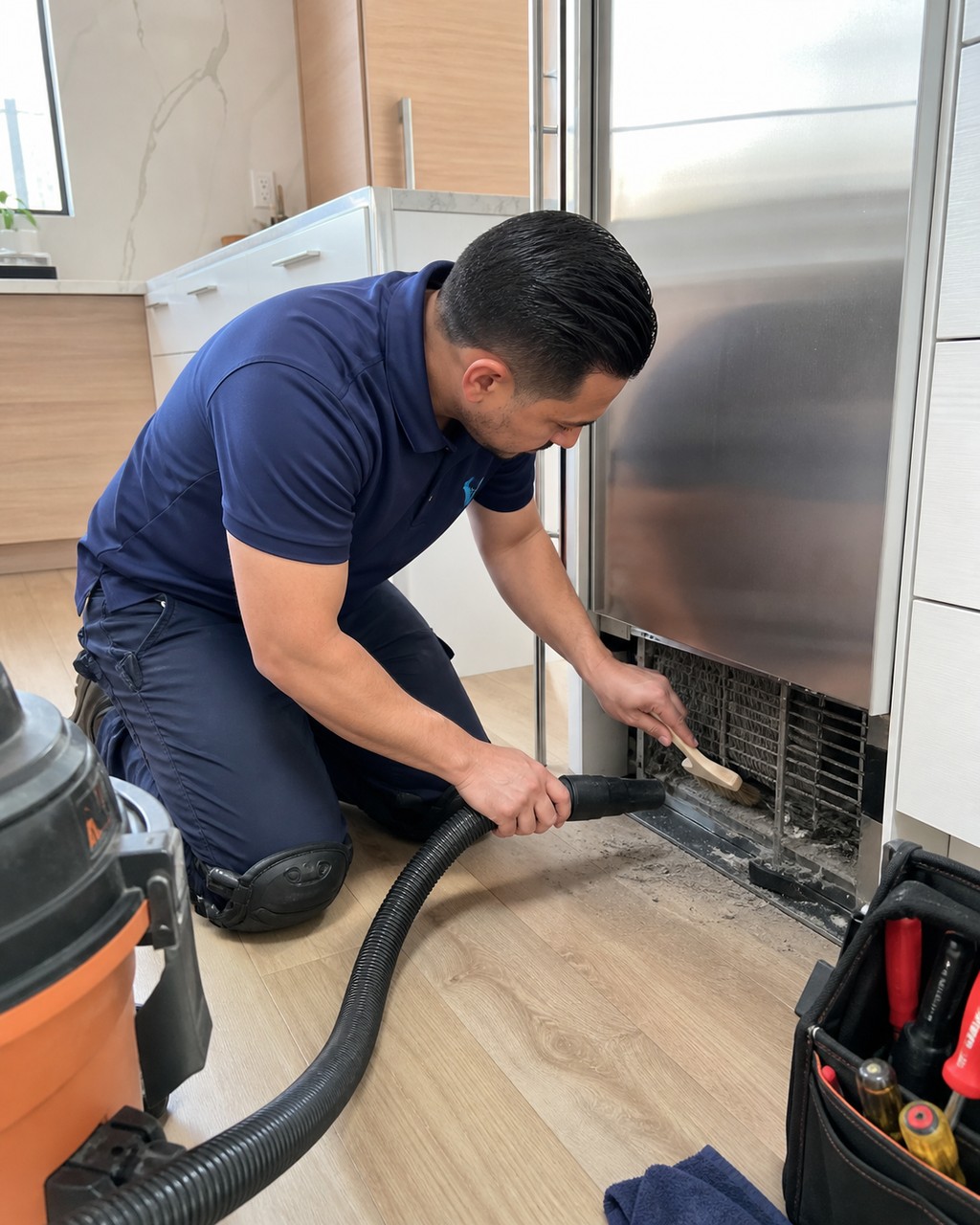 Technician vacuuming dust from the condenser coils at the base of a built-in Sub-Zero refrigerator in a Milpitas kitchen