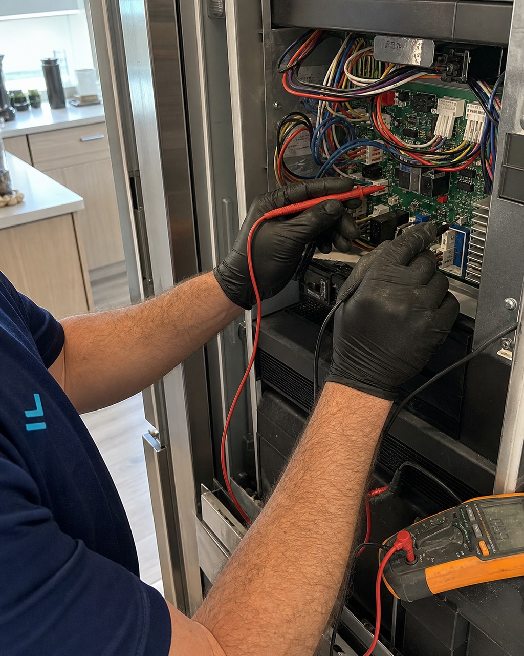 Technician testing the control board of a built-in Sub-Zero refrigerator with a multimeter in a Milpitas kitchen
