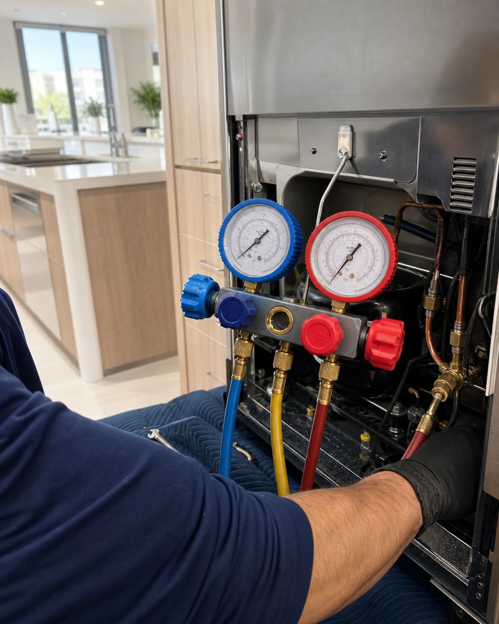 Technician checking the sealed-system gauges on a built-in Sub-Zero refrigerator in a Milpitas kitchen