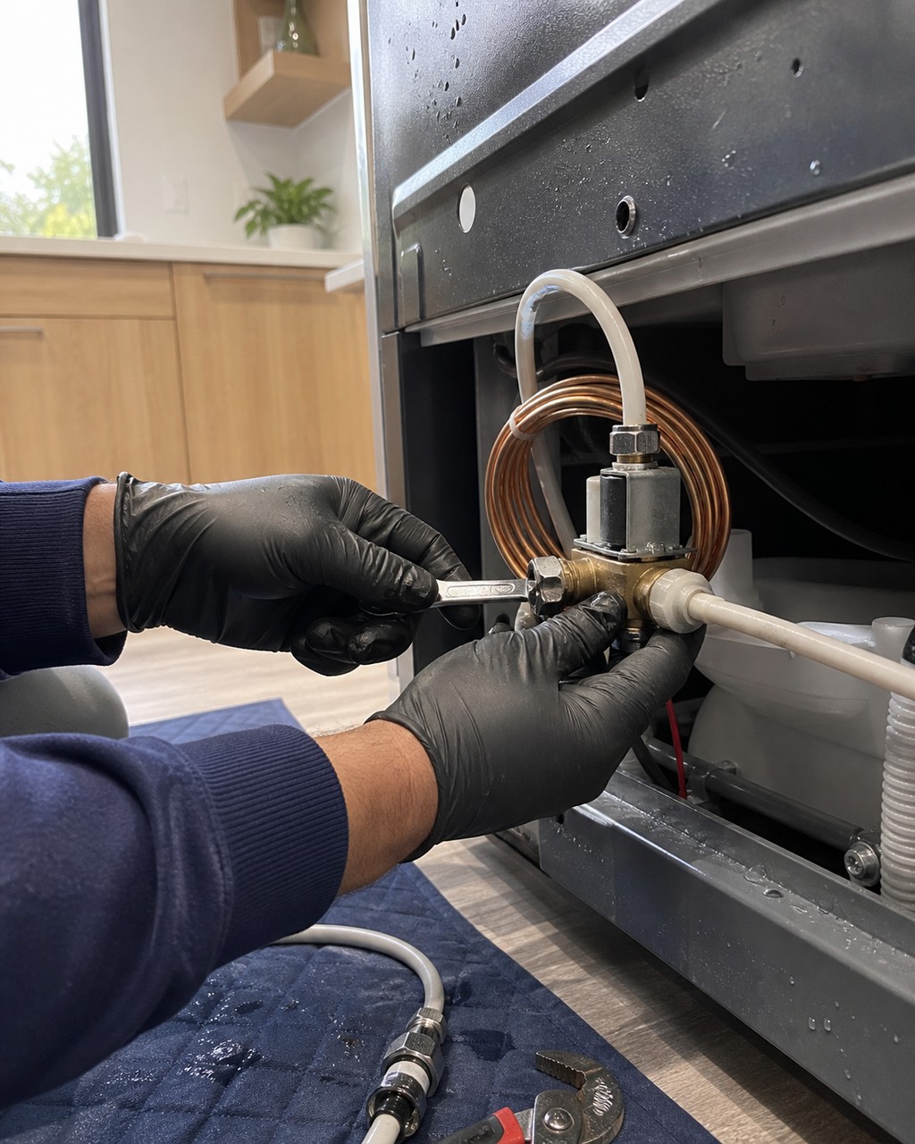 Technician working on the water inlet valve and fill tube behind a built-in Sub-Zero refrigerator in a newer Milpitas kitchen